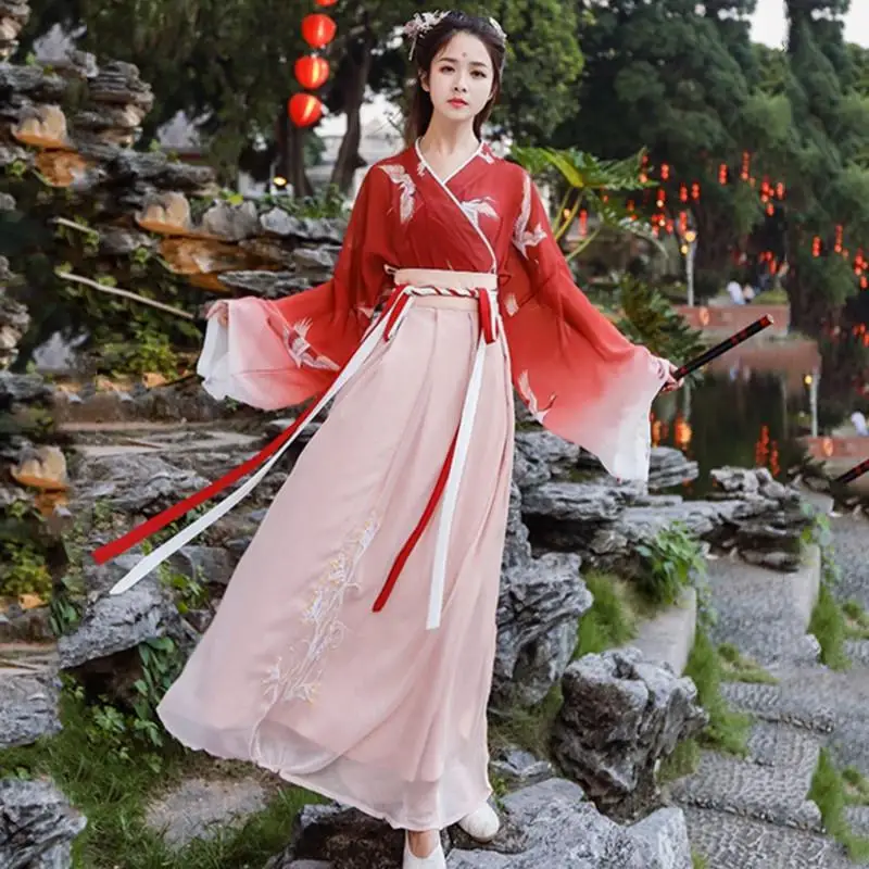 Традиционная Женская одежда с принтом Hanfu, китайский стиль, цветочный женский костюм в стиле Танг, элегантное платье для выступлений на сцене, винтажное классическое платье, платья - Цвет: Красный