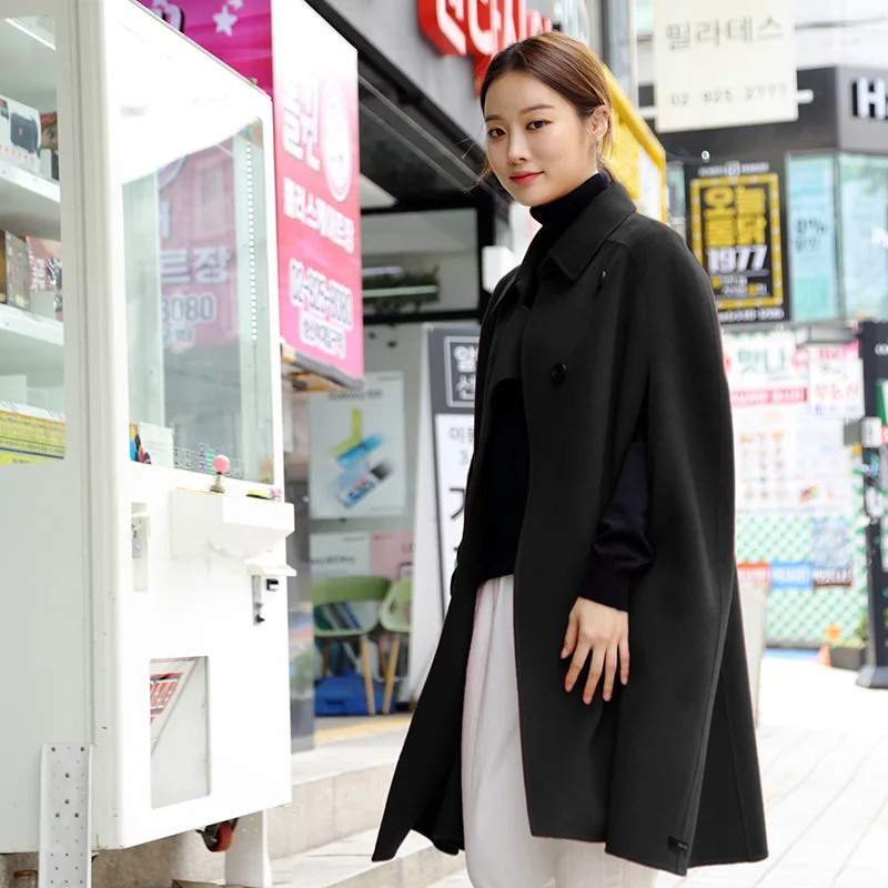 

Winter 2019 New Sleeveless Bat Wool Coat Women Cloak Loose Wool Coat Turn-down Collar Single Breasted Long Wool Coat Women