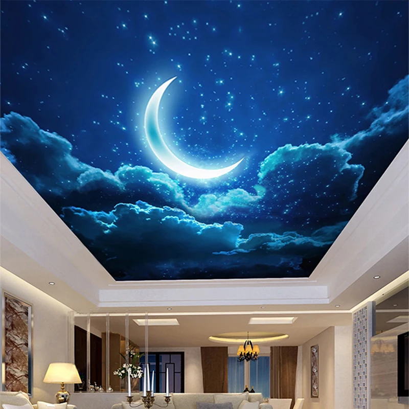 

Custom wallpaper 3d painting style night sky crescent moon starry sky ceiling living room bedroom zenith mural papel de parede