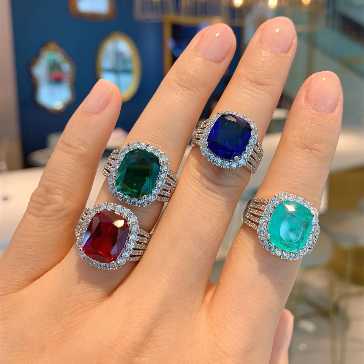 Ruzzallati Anello In Tormalina Paraiba Naturale Color Argento Reale Principessa Unico Tre Strati Smeraldo Anello Aperto Gioielleria Raffinata