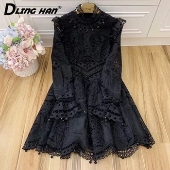 

LINGHAN Sexy Hollow Out Embroidery black Mini Dress Fashion Flare Sleeve Turtleneck Flare Sleeve Party Dresses Designer New