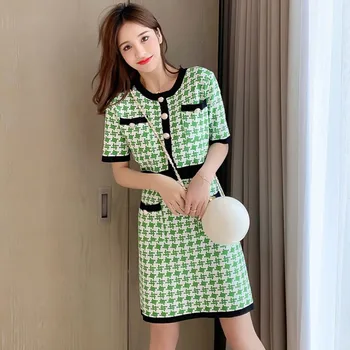 

2020 Vintage Summer Green Houndstooth Knitted Women Dress Golden Button Short Sleeve O-Neck Mini Plaid Dress