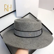 Church Winter Hats For Female Panama Cap Soft Vintage Stripe Ribbon Wide Brim Wool Felt Bowler Hat Floppy Cloche Women's Fedora