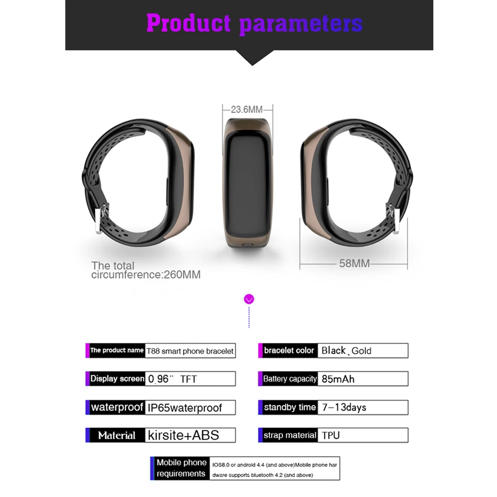 T88 умный Браслет BT4.2 наушники 0,96-дюймовый TFT экран умный Браслет IP65 Водонепроницаемость пульсометр Монитор артериального давления