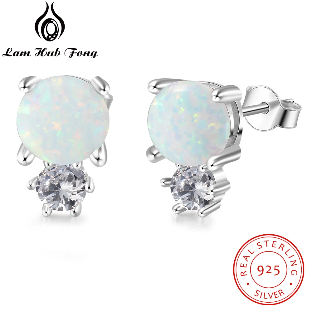 

925 Sterling Silver Stud Earrings for Women Cute Round White Opal Stud Earrings Chic Korean Fine Jewelry Gift (Lam Hub Fong)