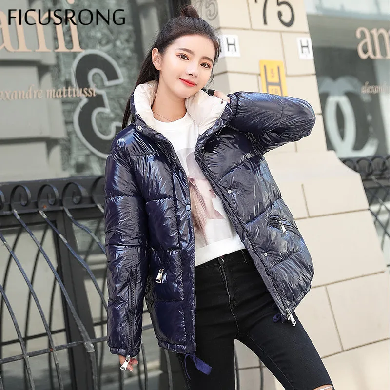 

FICUSRONG Zipper Glossy Design Short Down Parkas Winter Jacket Women Warm Stand Collar Shining Fabric Stylish Ladies Coats