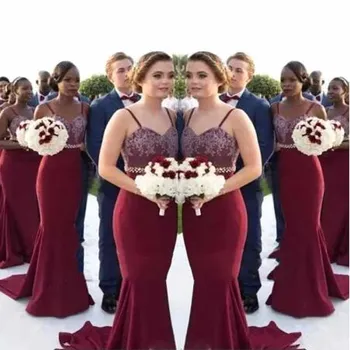 

Burgundy Appliqued Lace Beading Spaghetti Straps Mermaid Bridesmaid Dresses Simple Sleeve Sweetheart Neck Wedding Party Gown