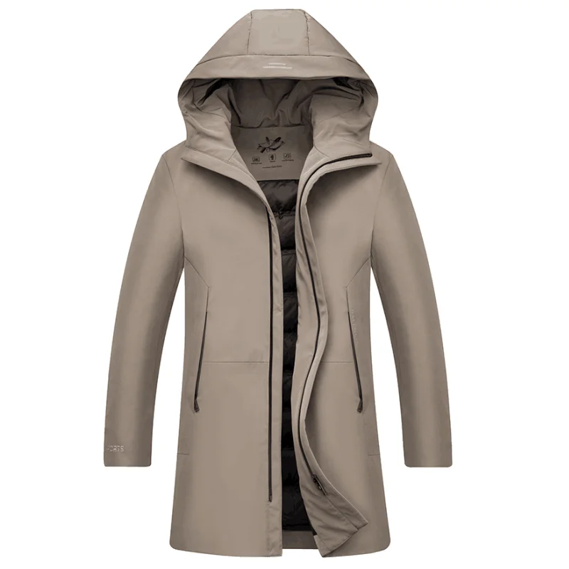 Khaki Down Coat Men's Clothing Coats Jackets Solid Down Coats Down Jacket Filling White Duck down Coats Long Cloth Hooded Casual Coat Boy - Цвет: Khaki Down Coat