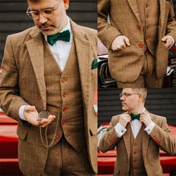3 Pliecs Woolen Men Suits Formal Business Custom Made Blazer Vest Pant Brown Plaid Daily Wear Prom Party Casual Suit Sets