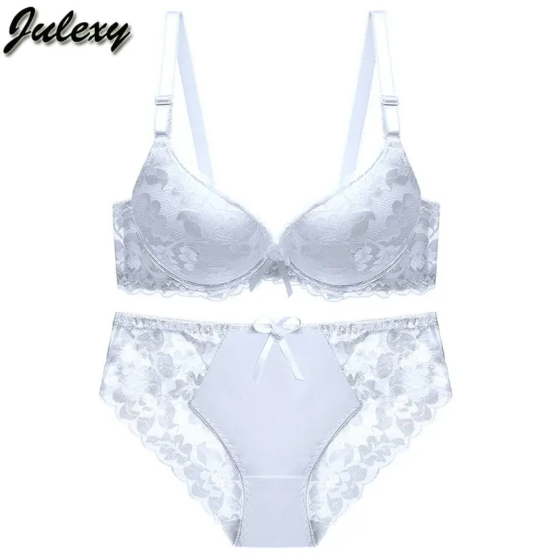 Julexy, новинка, сексуальный бюстгальтер с чашечками D, пуш-ап, набор, большой размер, однотонный, 6 цветов, Женский Комплект бюстгальтеров, кружевное нижнее белье, Комплект трусов - Цвет: Белый