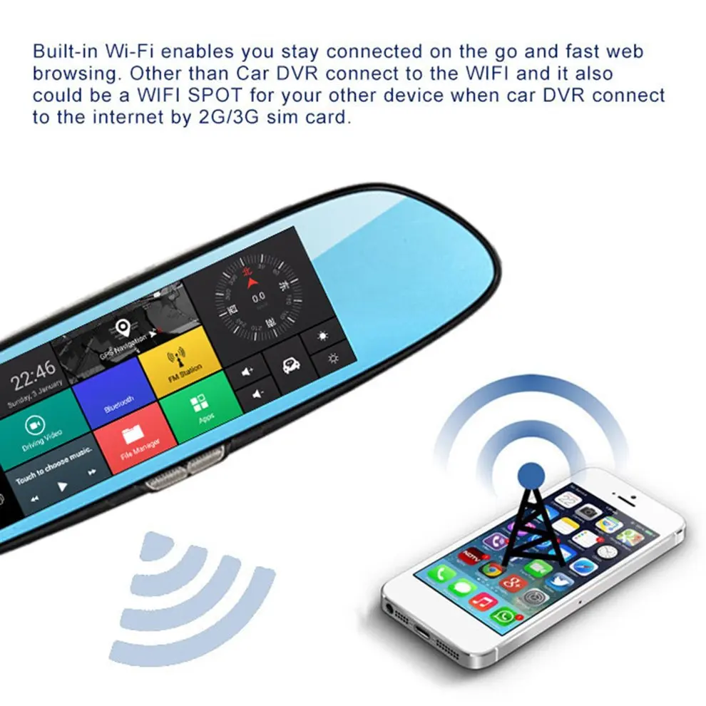 H10 Car DVR 3G Rearview Mirror Video Recorder 7 inch Touch Screen 1080 FHD Dual Camera Hand-free FM Transmission
