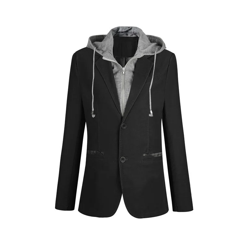 

Plus Size M-6XL Casual Men Fake Pieces Detachable Hood Blazer Full Sleeve Single Breasted Two Buttons Suit FS-150