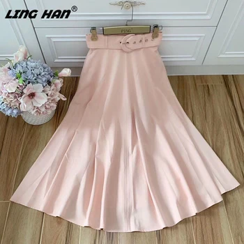 

LINGHAN Fashion Designer Autumn Big pendulum Long Skirt Elegant High waist A-Line Solid Skirt