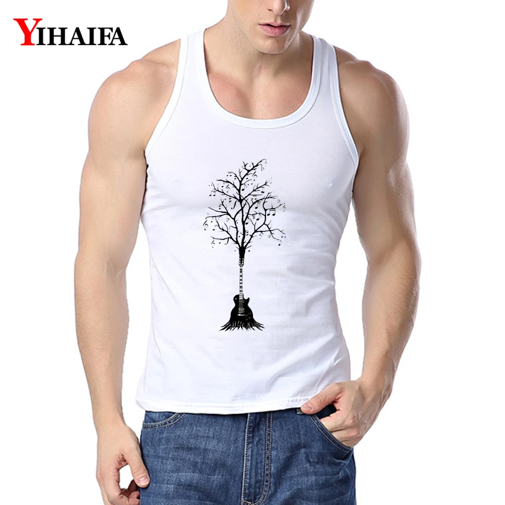 

YIHAIFA Mens Guitar Tree Printed Singlet Bodybuilding Tank Top Men Fitness Shirt Sleeveless Vest GYM White Tops