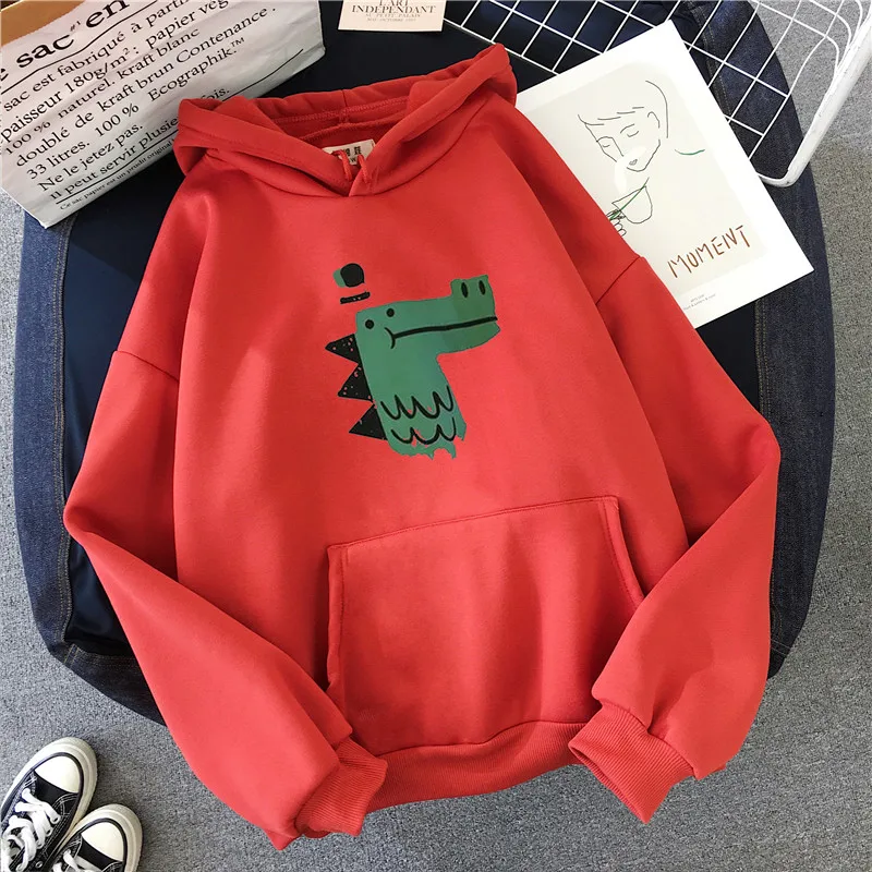 Shellsuning Harajuku женские толстовки Толстовка корейский Kawaii зима зеленый динозавр мультфильм шаблон уличная одежда с длинным рукавом Топы - Цвет: Red