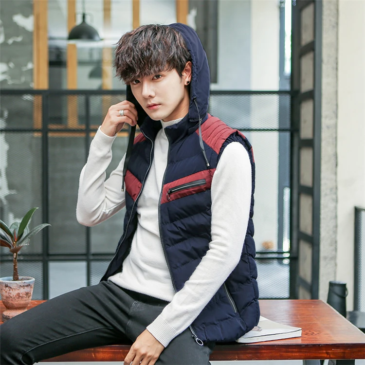 Autumn Winter Men's Vest New Casual Warm Sleeveless Jacket Hooded Stand-Collar Windproof Cotton-Padded Waistcoat Patchwork