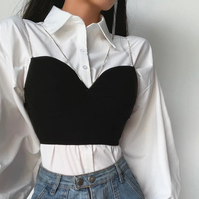 SIDDONS Diamond Chain Crop Tops Women Sexy Bottom Wrapped Chest women Black Cropped Elegant Camisole Strapless Ladies Tube Tops