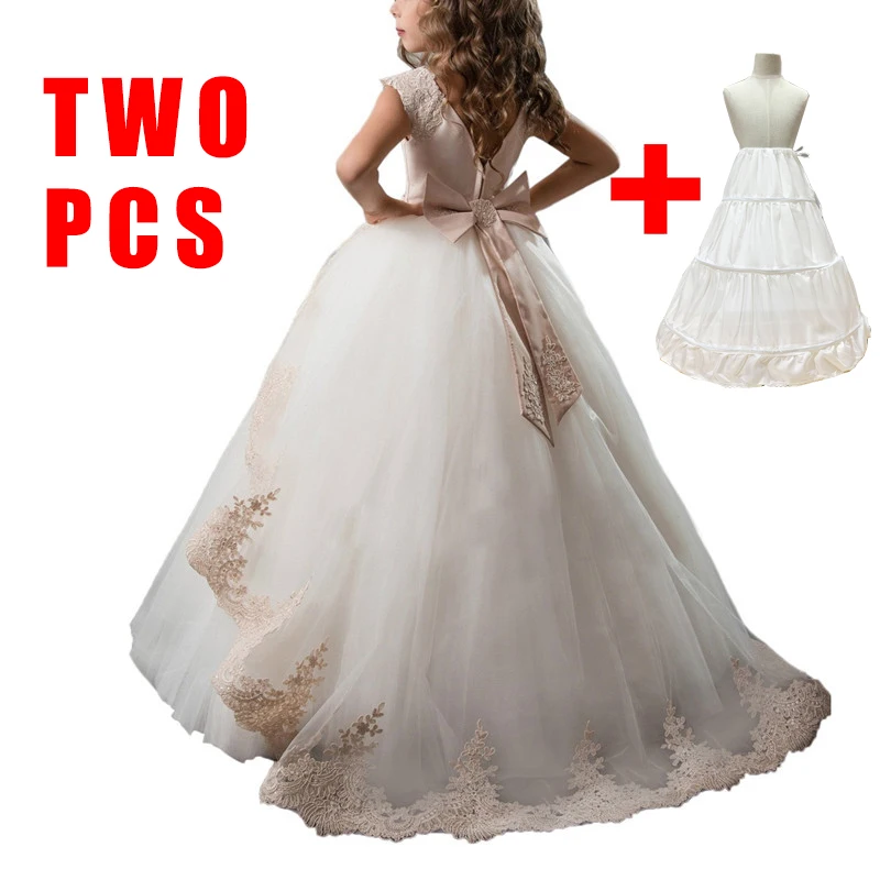 Белое свадебное платье принцессы с цветочным рисунком для девочек детское кружевное длинное платье праздничное платье для девочек Бальные платья, детская одежда костюм vestidos - Цвет: apricot