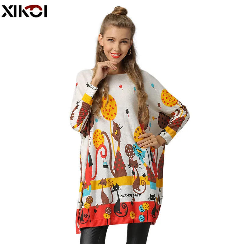 XIKOI Winter Cats Sweater For Women Oversized Pullovers Knitted Long Beautiful Jumper Fashion Printed Pull Femme O-Neck Clothes | Женская