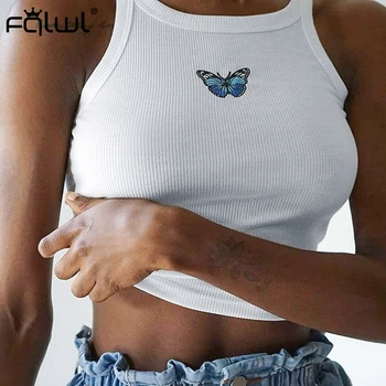 

FQLWL Butterfly Ribbed Knitted White Summer Crop Top Women Cropped Sleeveless Bodycon Tank Top Female Backless Bustier Sexy Tops