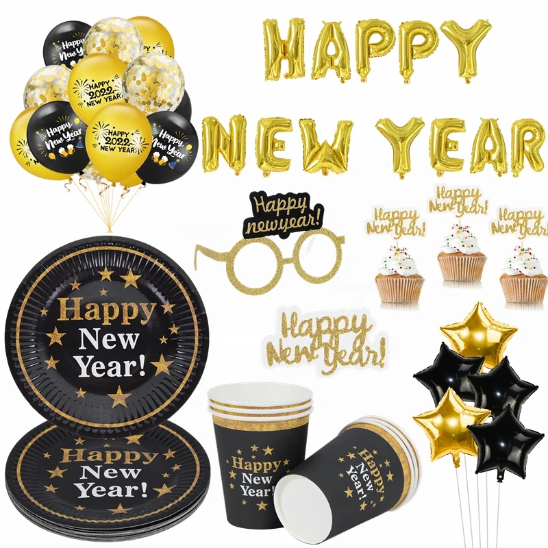 Happy New Year Decorations 2022 Christmas Balloons Decor Gold Black Disposable Tableware For Home New Year's Eve Party Ornaments