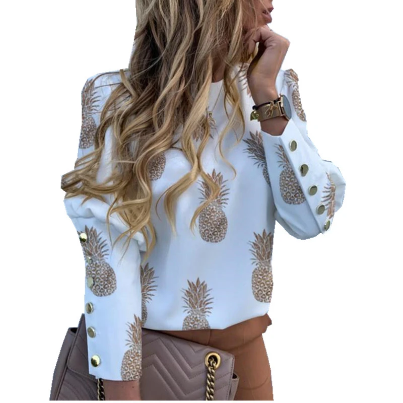 

White Puff Sleeve Womens Tops And Blouses Casual Plus Size Blouse Shirt Pineapple Turn Down Collar Ladies Office Shirts