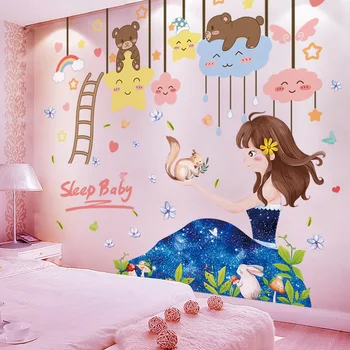 

[shijuekongjian] Stars Clouds Bear Animals Wall Stickers DIY Cartoon Girl Wall Decals for Kids Bedrooms Nursery Home Decoration