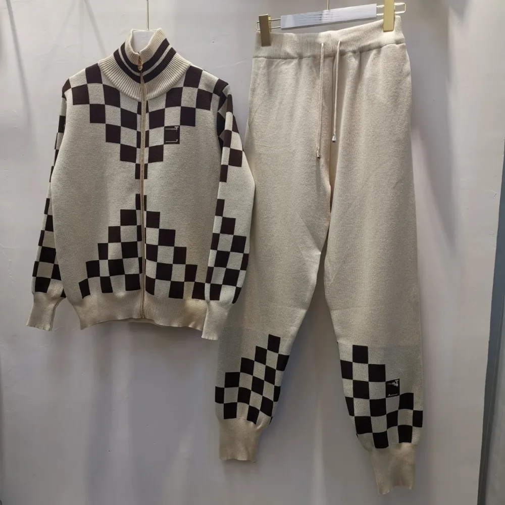Роскошный высококачественный Вязанный свитер для подиума, брюки, наборы, модный элегантный женский комплект 2 шт. жакет на молнии и спортивные штаны