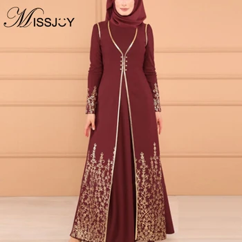 

MISSJOY 2019 New Women Dress Muslim Abayas Two Piece Set Printed Arabic Turkish Islamic Clothing Elegant Party Button Dubai Robe