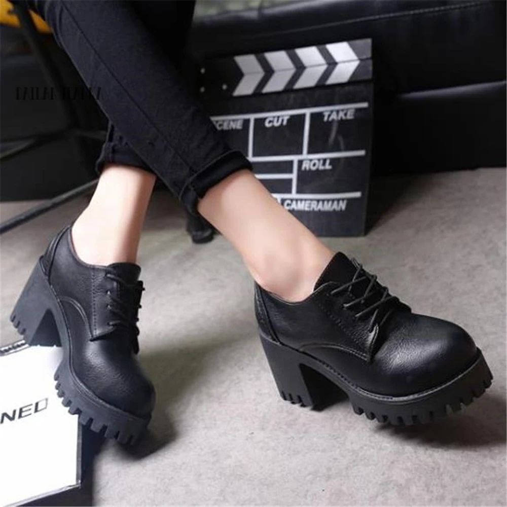Британская женская обувь г. Осенние тонкие туфли на толстой подошве в стиле ретро MS женские кожаные туфли на высоком каблуке для колледжа - Цвет: BLACK