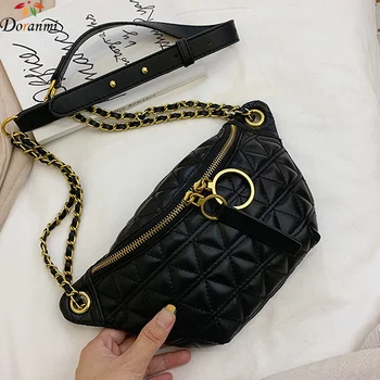 

DORANMI Geometric Women's Fanny Pack 2019 Solid Leather Crossbody Chest Bag Female Waist packs Chain Strap Nerka Belt Bags BG355