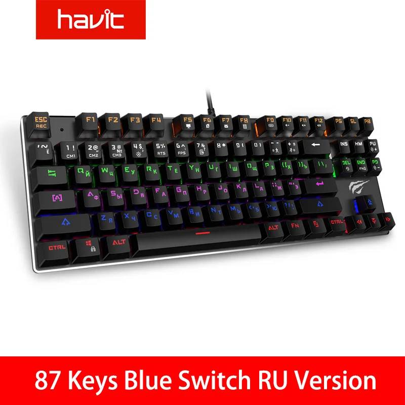 87 Blue RU HAVIT Gaming Mechanical Keyboard 87/104 keys USB Wired keyboard Blue/Red Switch Backlit Keyboard US/Russian Version - Цвет: 87 Blue RU
