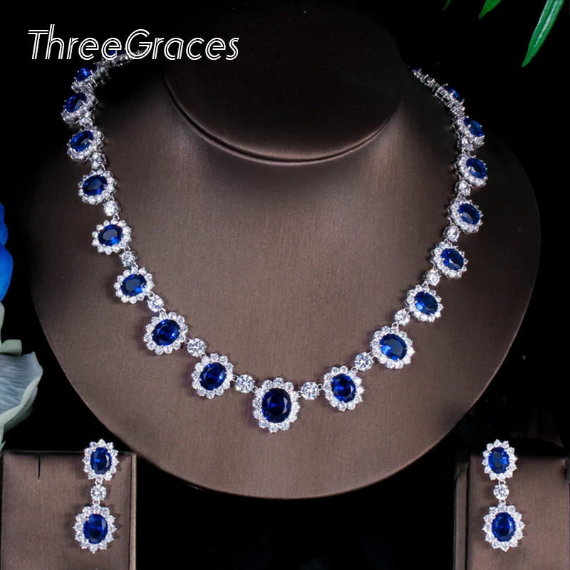 ThreeGraces African Design Costume Jewelry White Gold Color Blue Crystal Stone Bridal Necklace Earrings Set For Wedding JS040|necklace earring