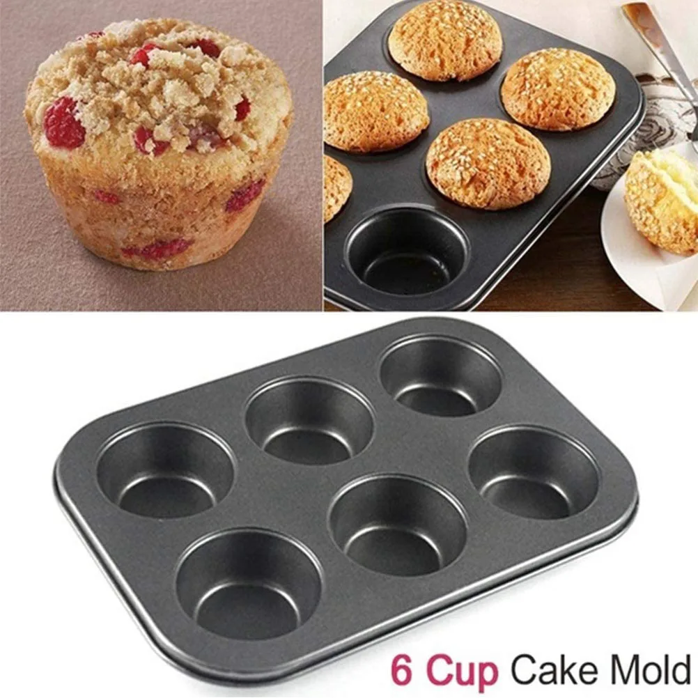 6 mould baking tray black non stick metal oven bake muffin cake tin cup craft 