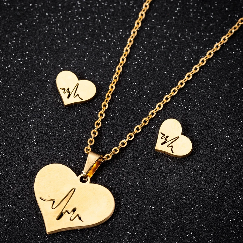 necklace set Серебряные ожерелья из нержавеющей стали, женские парные подвески в форме сердцебиения, Женские аксессуары, модные ожерелья, набор украшений для шеи - Окраска металла: necklace set