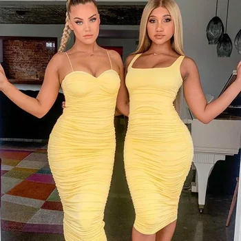 

Sexy Women Pleated Long Dress Solid Square Collar Bodycon Dress Backless Ruched Summer Dress Spaghetti Strap Club Party Dress