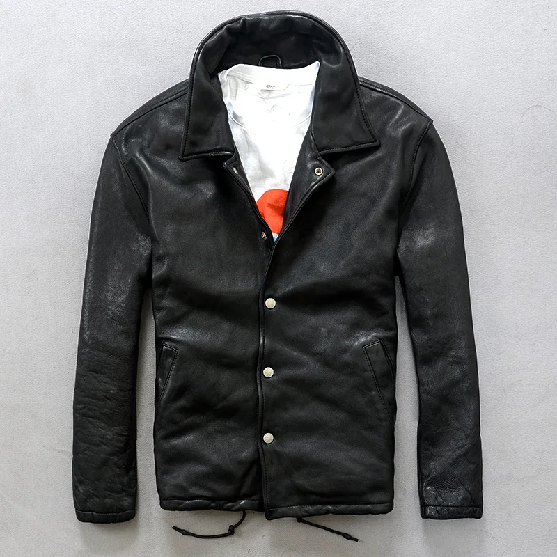 Мужская умная повседневная куртка из натуральной кожи однобортный slim fit Мужская кожаная куртка на пуговицах корейский стиль байкерская куртка мужская