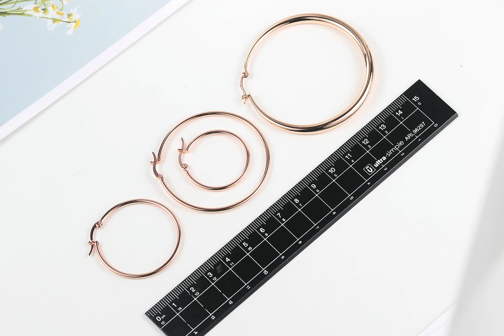 Серьги-кольца для женщин, большой круг, классический стиль, различные размеры, розовое золото, цвет, модное ювелирное изделие E093