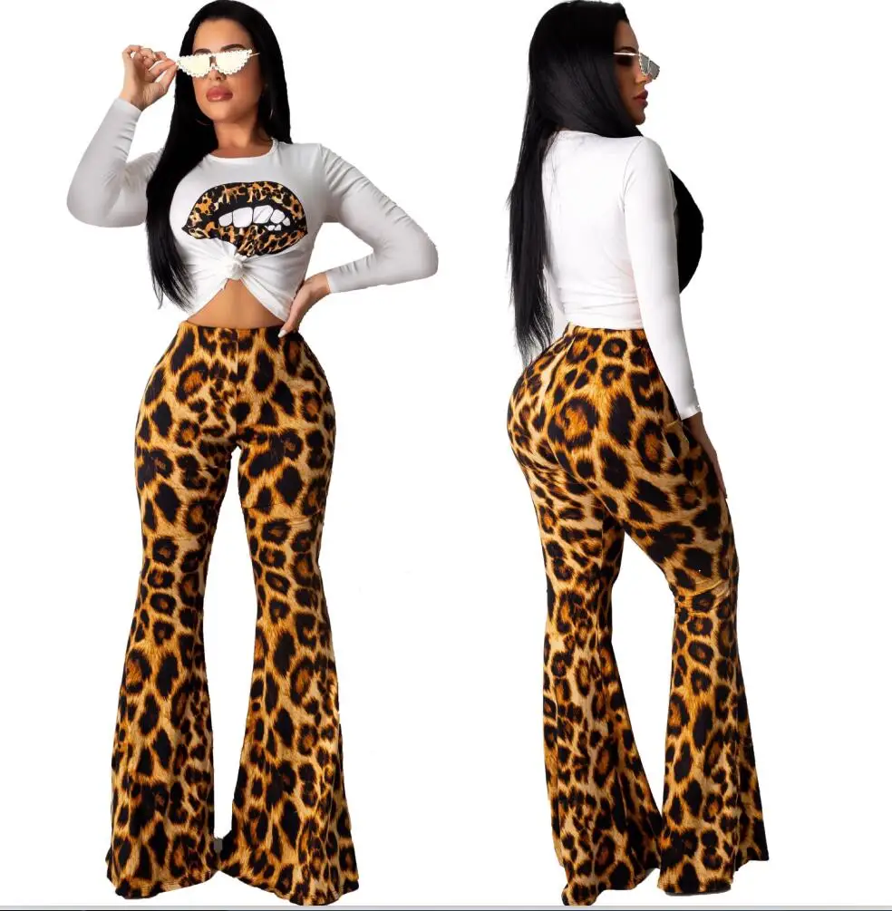 Brown-Long Sleeve Echoine, 5 цветов, Повседневная футболка с коротким рукавом и принтом мышки, высокая талия, Леопардовый принт, длинные широкие светодиодные ботинки, штаны, комплект из двух предметов - Цвет: Brown-Long Sleeve