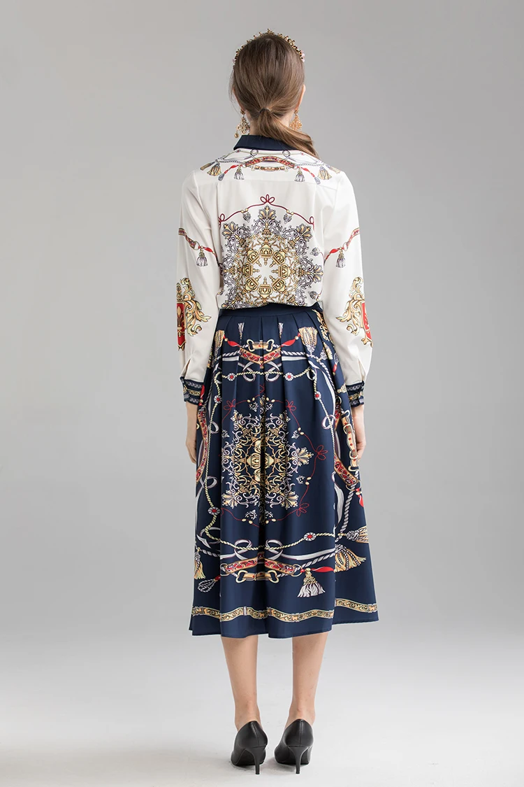 AELESEEN, Ретро стиль, подиум, Disign Twinset, женский роскошный хрустальный воротник, белая блузка+ Королевский принт, до середины икры, Офисная Женская юбка, костюм