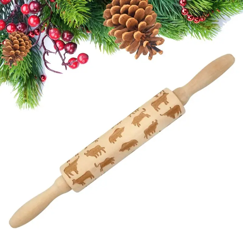 

35cm Christmas Cattle Embossing Rolling Pin Baking Cookie Noodle Biscuit Fondant