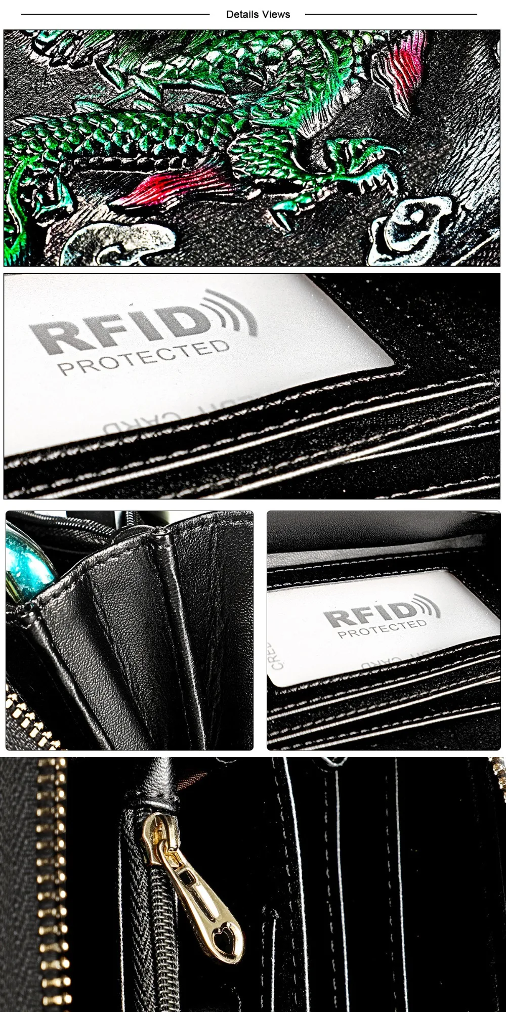 Men's Dragon Genuine Leather Wallet 3D Crocodile Tiger Cowhide Long Wallet with Phone Pocket Fashion Vintage Zipper Long Purse