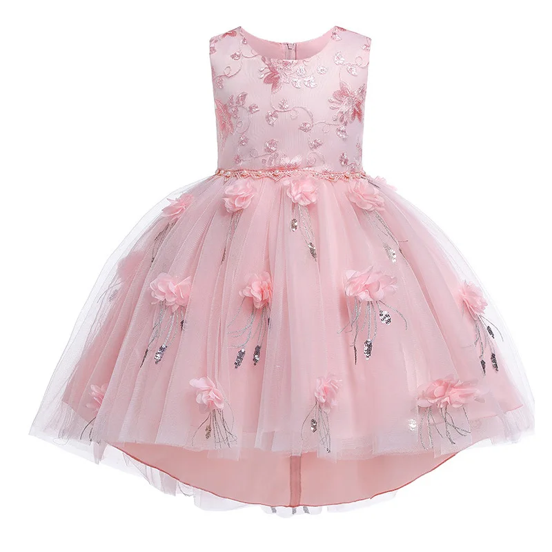 Новое свадебное платье с цветочным рисунком для девочек, платье с объемной вышивкой и хвостом, элегантное платье принцессы русалки из мягкой пряжи, одежда для девочек - Цвет: pink