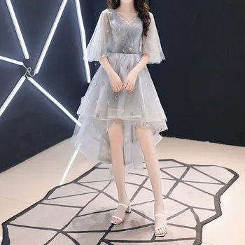 

Elegant Gray Asymmetry Bridesmaid Dresses Summer 2020 Half Sleeve Women Formal Party Prom Gowns Wedding Evening Robe 6 Types