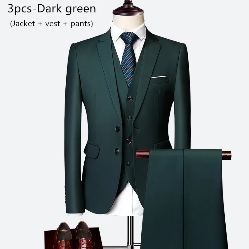 3pcs-Dark green Мужской свадебный костюм, набор из 3 предметов(Блейзер+ жилет+ брюки), королевский синий Высококачественный тонкий костюм на заказ, Азиатский Размер 6XL - Цвет: 3pcs-Dark green