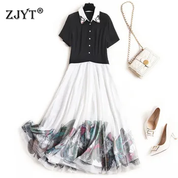 

Fashion Style Summer Dress Short Sleeve 2020 Women Designer Elegant Turn Down Collar Shirt Patchwork Butterfly Print Mesh Dress
