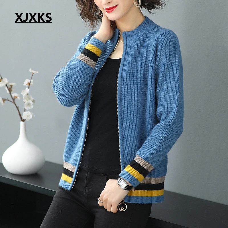 XJXKS новые женские осенние свитера на молнии кардиган вязаный с длинным рукавом женский кардиган Mujer свитер, Женское пальто - Цвет: Синий