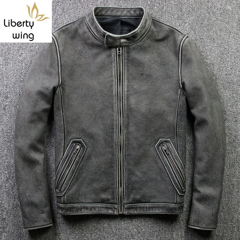 

Vintage Mens Cowhide Grey Stand Collar Biker Genuine Leather Jacket Windbreaker Slim Fit Short Coat Plus Size 5XL