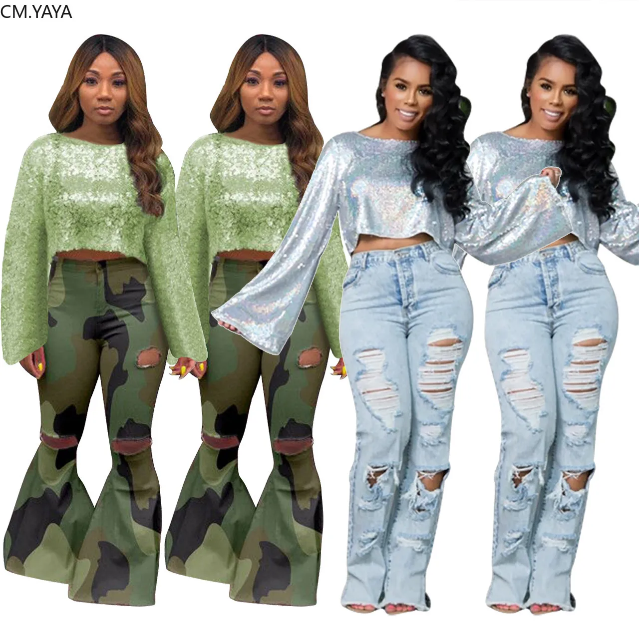 

GL Women Autumn Winter o-neck T-Shirts Full Flare sleeve Sequined Lining splicing classic t-shirt fashion tee top outfit Q355