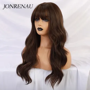 JONRENAU Long Brown Color Synthetic Natural Wave Wigs with Neat Bangs for White/Black Women Party Wear 4